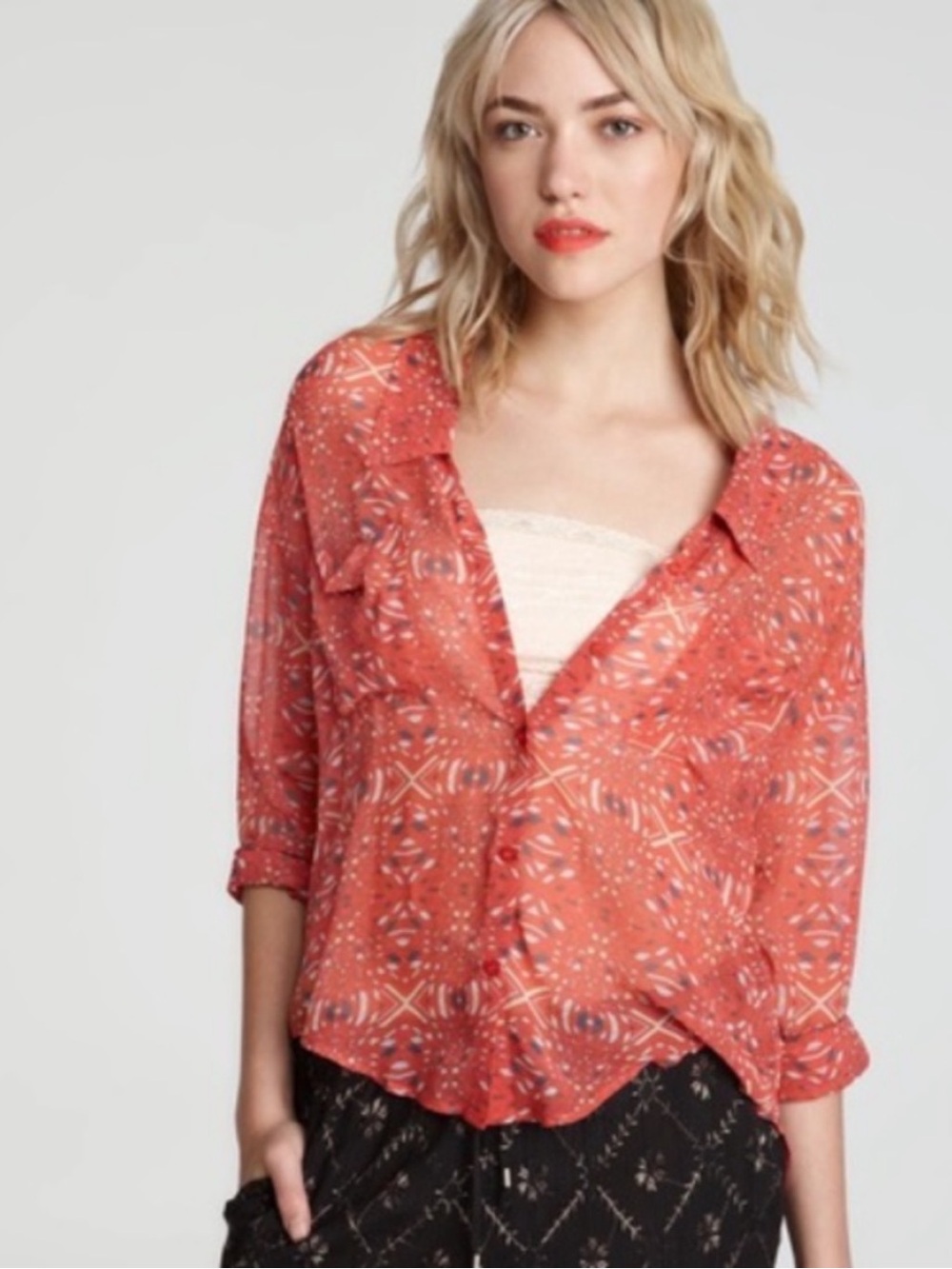 Free people sheer geometric button down blouse Flowy Romantic